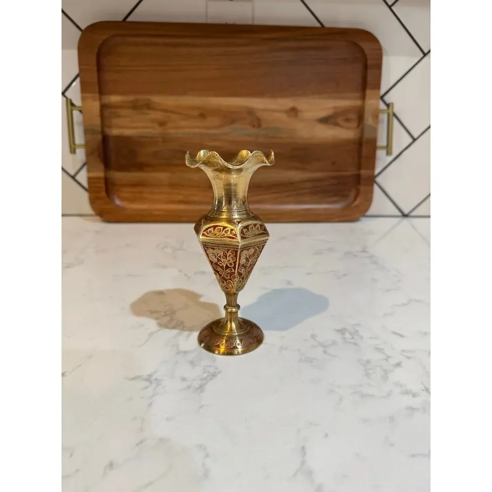 vintage Indian brass bud vase hand-engraved floral motifs red enamel detailing